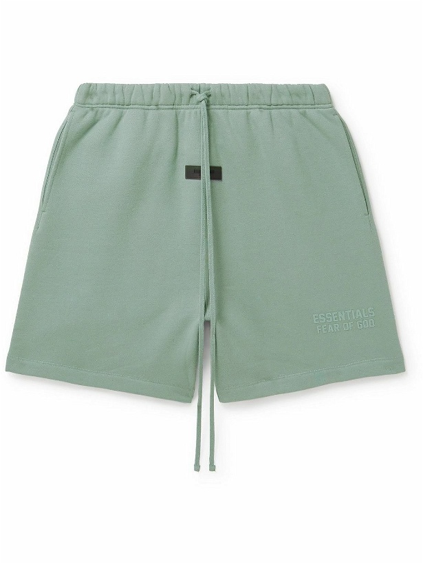 Photo: FEAR OF GOD ESSENTIALS - Logo-Appliquéd Straight-Leg Cotton-Blend Jersey Drawstring Shorts - Green