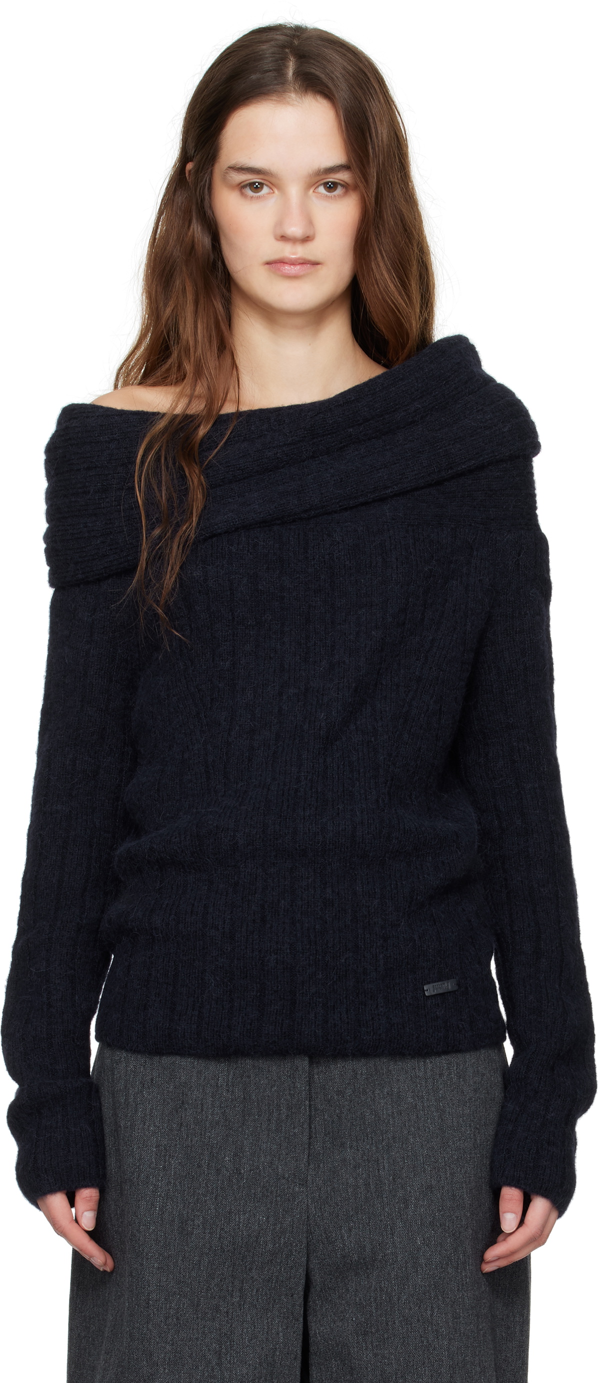 Juun.J Navy Mohair Open Shoulder Golji Sweater