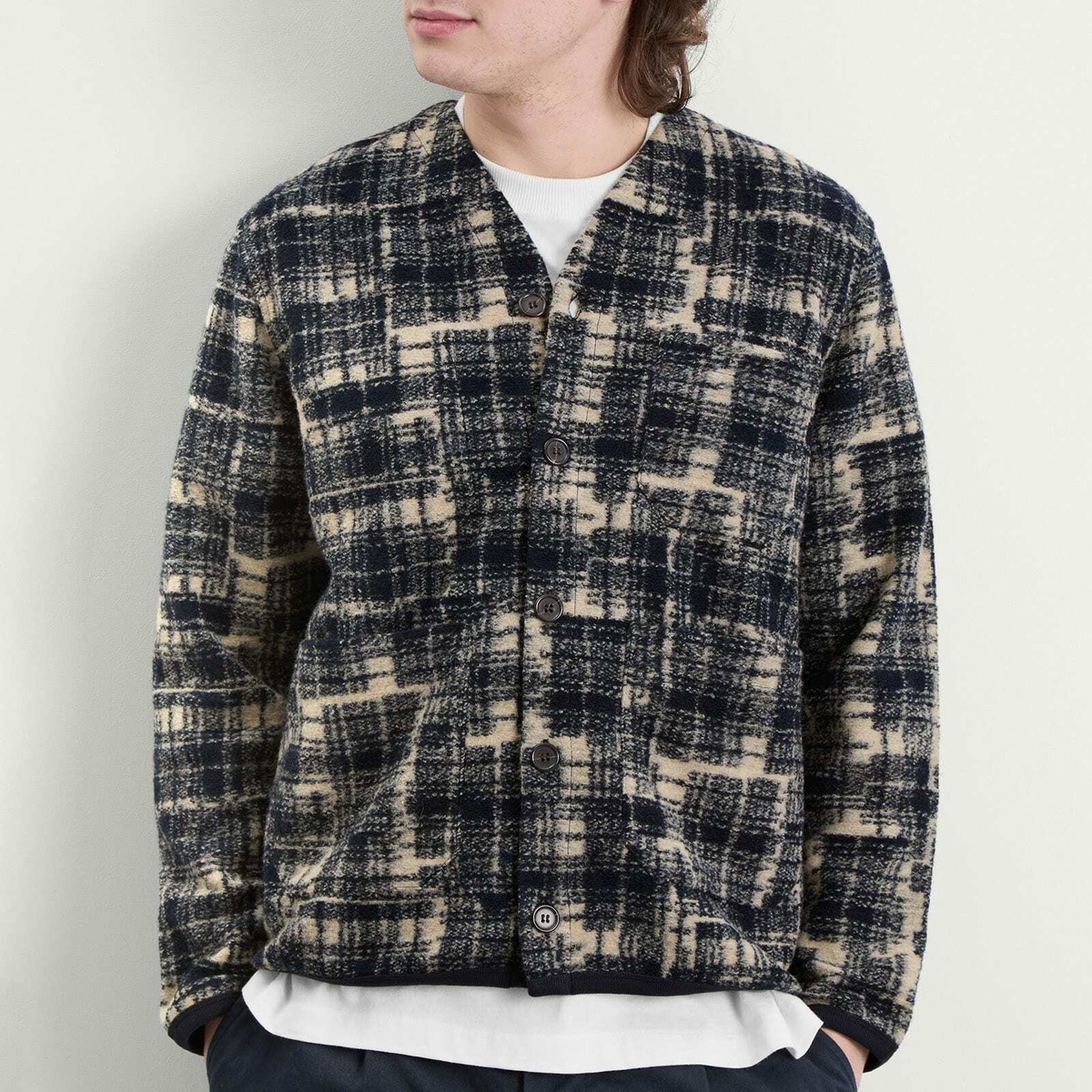 Universal Works Men's Patch Check Fleece Cardigan in Navy
