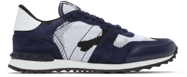 Photo: Valentino Garavani White & Navy Mesh Camouflage Rockrunner Sneakers