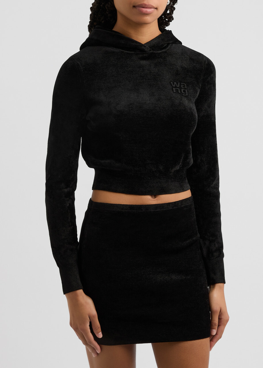Alexanderwang.t Hooded Cropped Chenille Sweatshirt Black