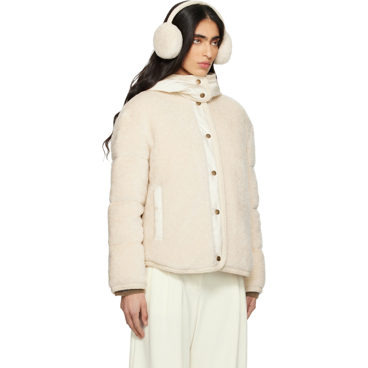Moncler Beige Ciboulette Braided Trim Teddy Hooded Down Jacket