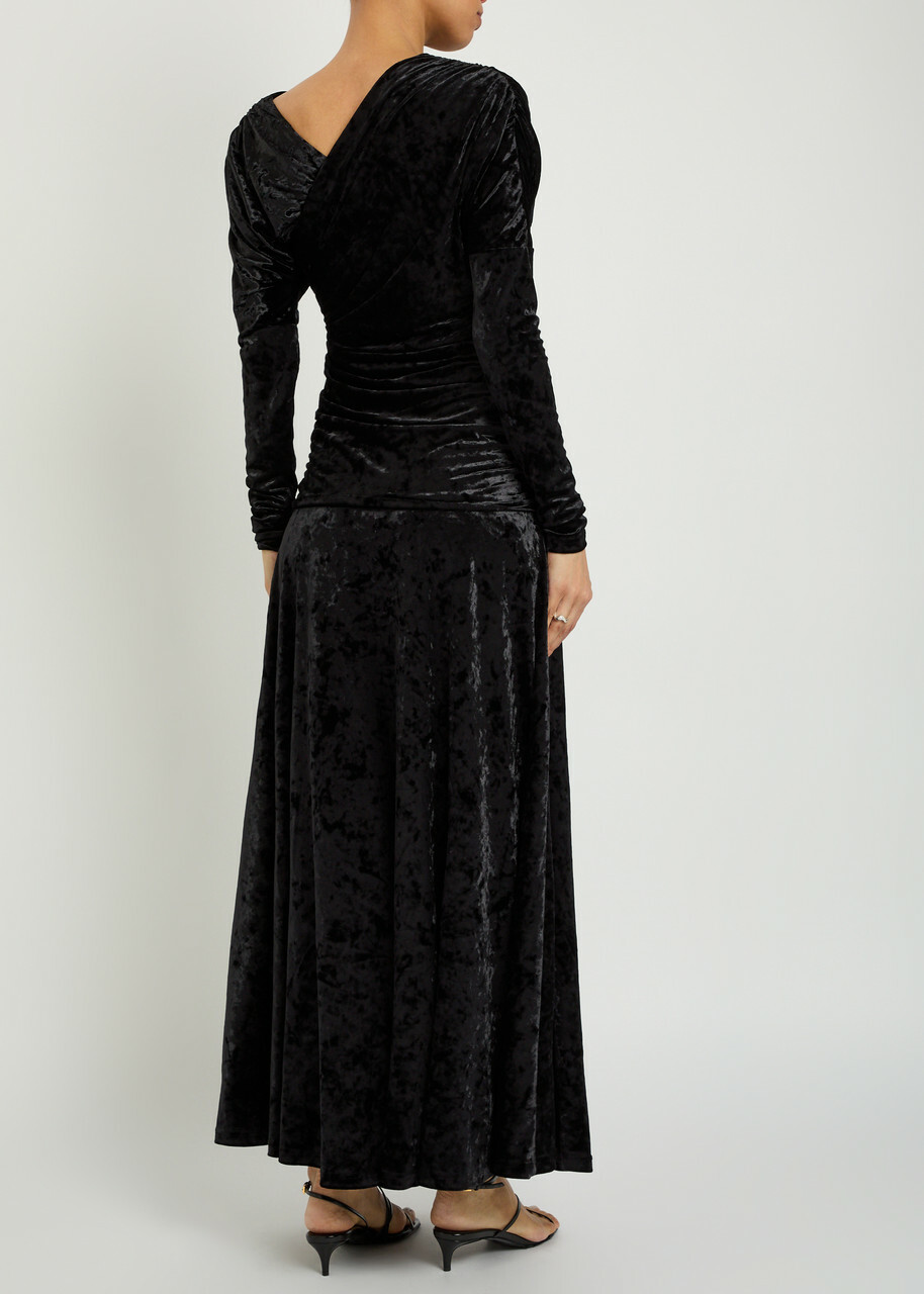 Ganni Ruched Asymmetric Velour Maxi Dress Black