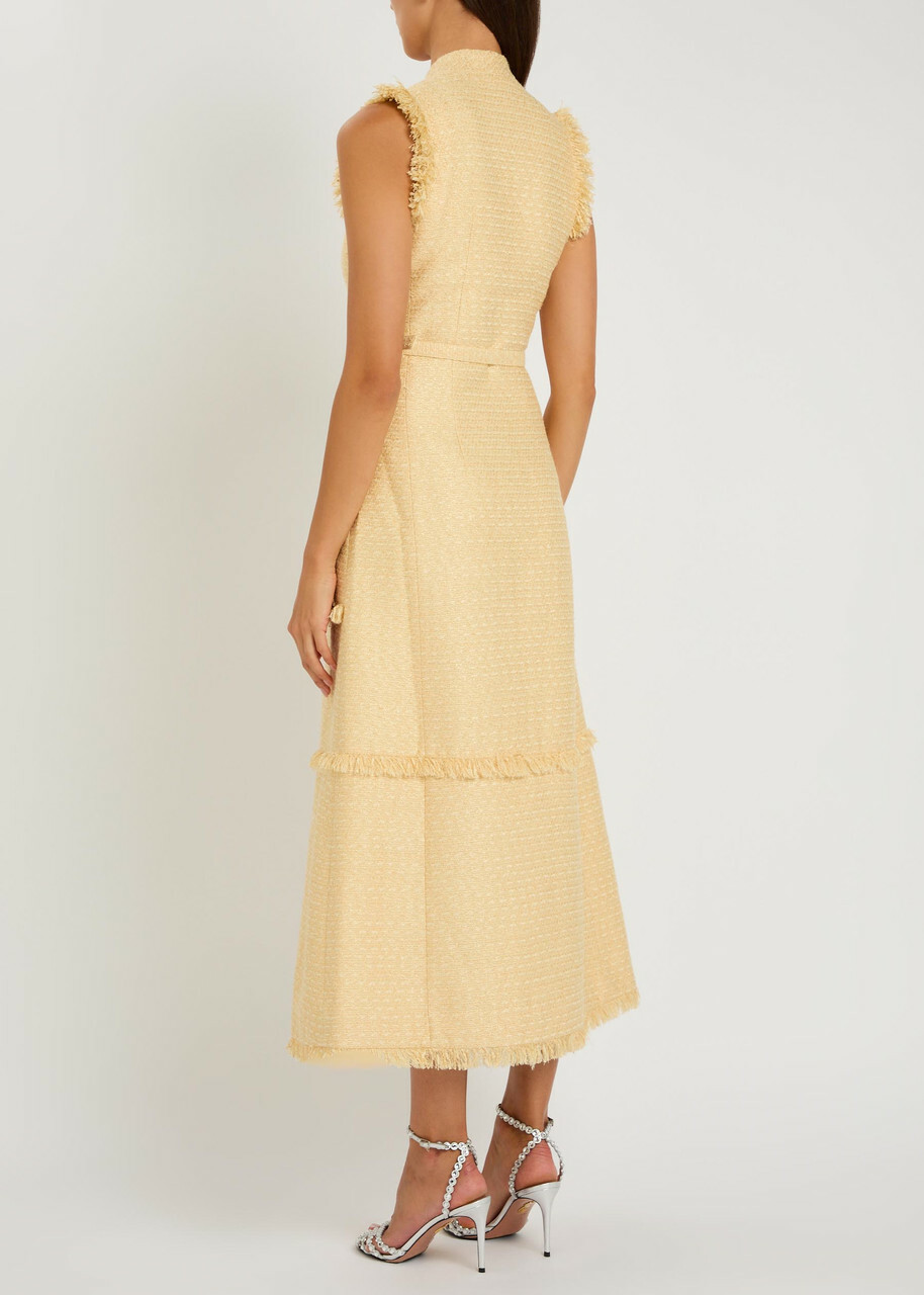 Huishan Zhang Corinthe Crystal-embellished Belted Tweed Midi Dress Yellow