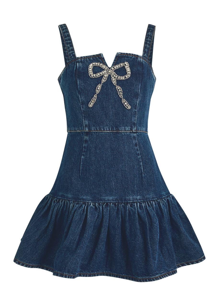 【SELF PORTRAIT】Crystal Bow Denim Mini Dress Denim Crystal Bow Mini Dress – self-portrait