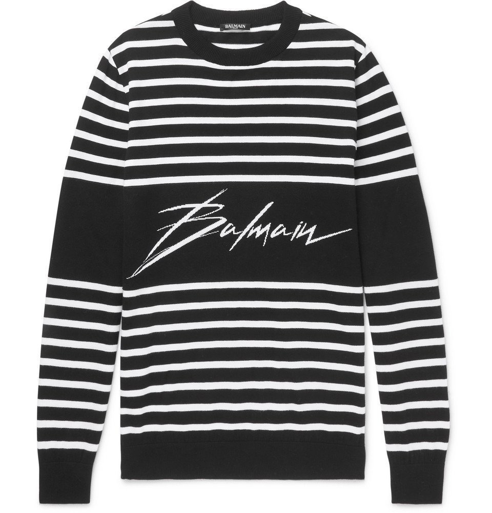 Balmain - Slim-Fit Logo-Intarsia Striped Cotton Sweater - Men Black Balmain