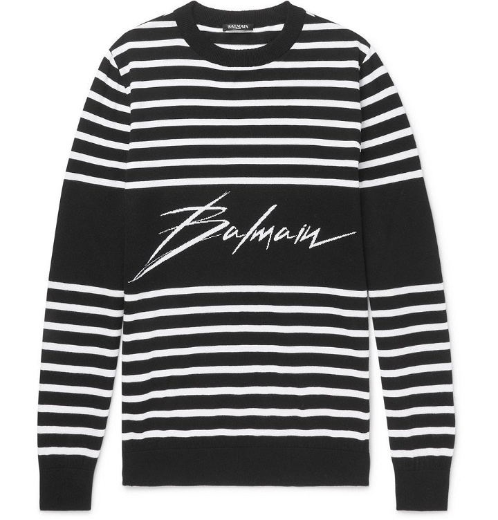 Photo: Balmain - Slim-Fit Logo-Intarsia Striped Cotton Sweater - Men - Black