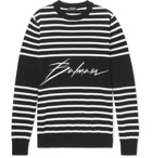 Balmain - Slim-Fit Logo-Intarsia Striped Cotton Sweater - Men - Black