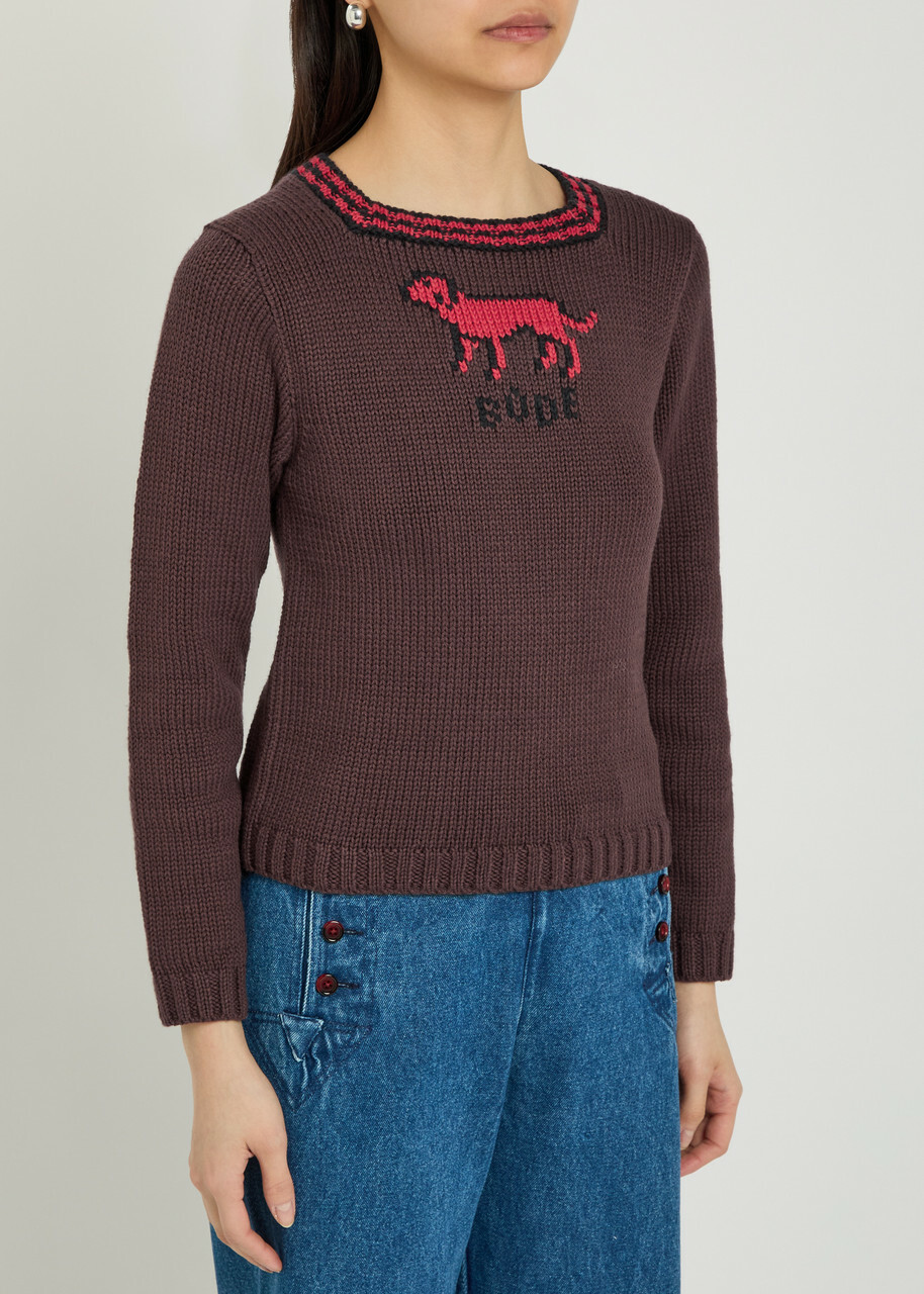 Bode Lapdog Intarsia Cotton and Wool-blend top Brown