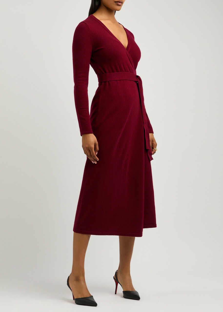 wool burgundy dress Burgundy Floral Embroidered Knitted Long Sleeve Midi Dress