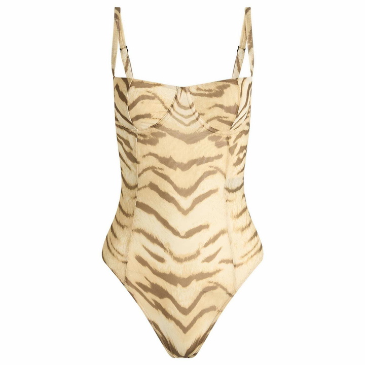 Photo: Good American Women's Mesh Bustier Bodysuit in Brown Tiger