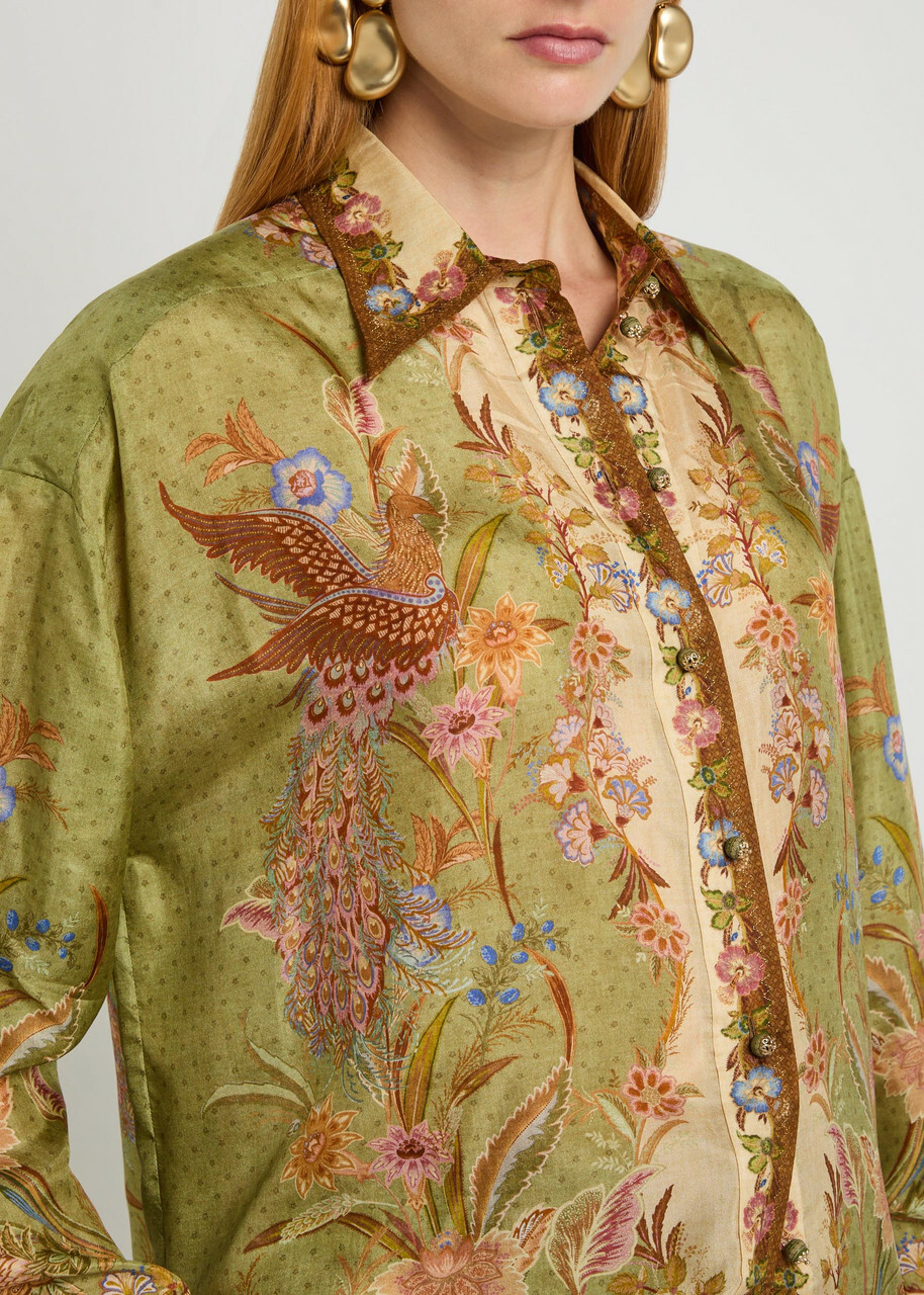 Zimmermann Indra Printed Silk Shirt Khaki