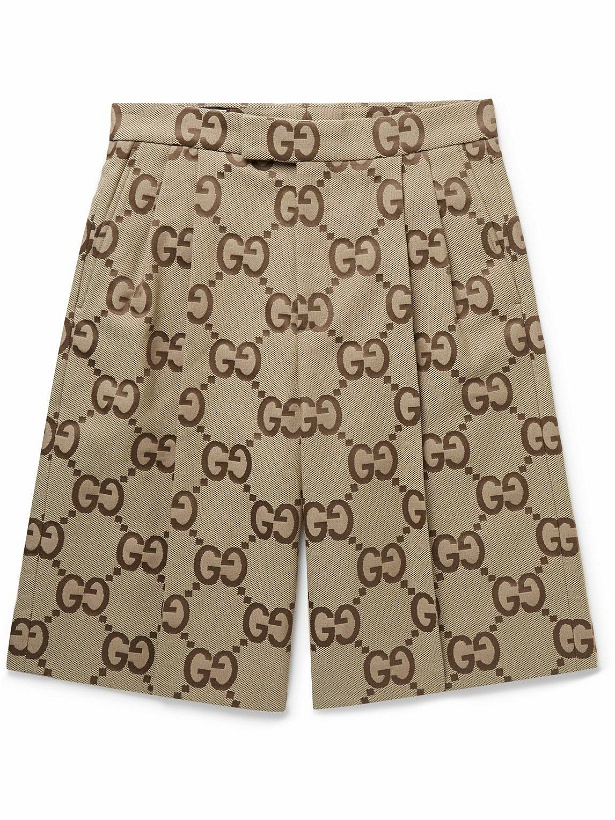 Photo: GUCCI - Wide-Leg Pleated Logo-Jacquard Cotton-Blend Shorts - Brown