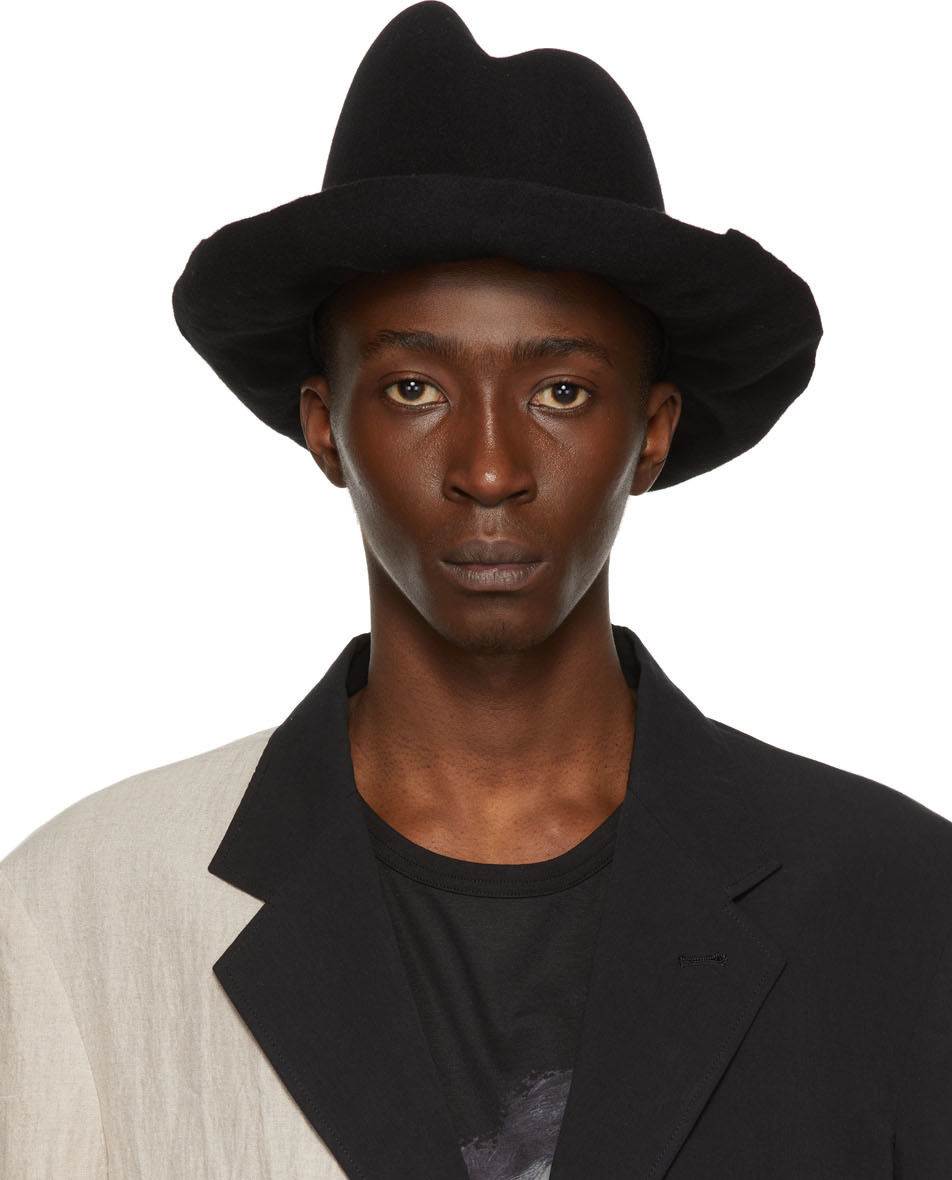 Yohji Yamamoto Black Designed Crown Fedora Hat Yohji Yamamoto