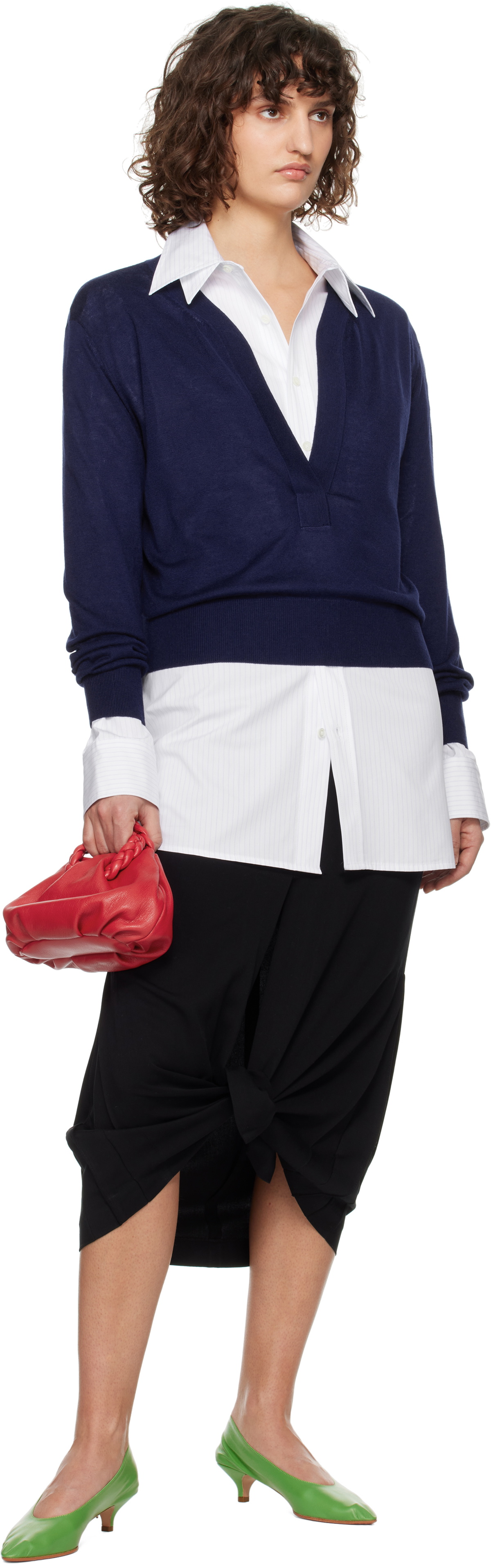 RECTO Blue Deep Henley Neck Sheer Knit Sweater