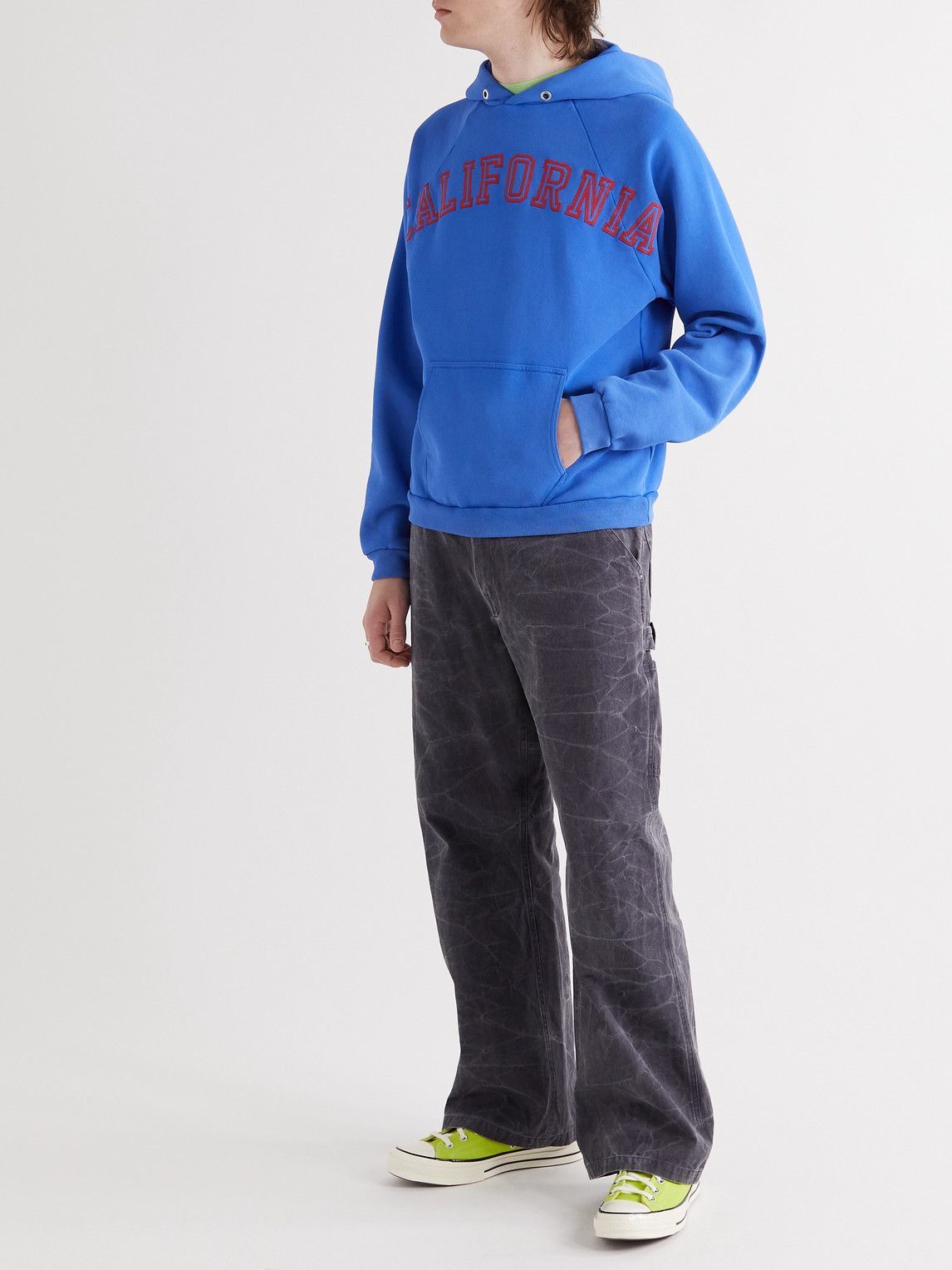 ERL - California Flocked Cotton-Blend Jersey Hoodie - Blue ERL