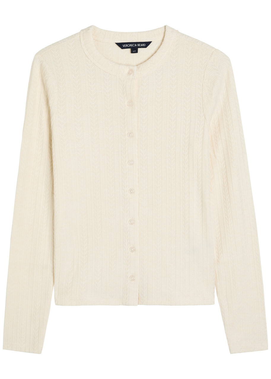 Veronica Beard Lira Pointelle Stretch-knit Cardigan Ecru