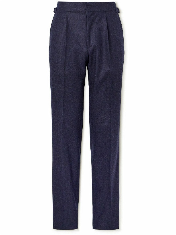Photo: Thom Sweeney - Slim-Fit Straight-Leg Pleated Cotton-Blend Trousers - Blue