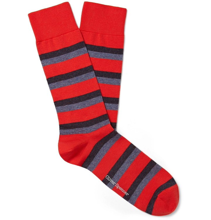 Photo: Oliver Spencer Loungewear - Miller Striped Stretch Cotton-Blend Socks - Red