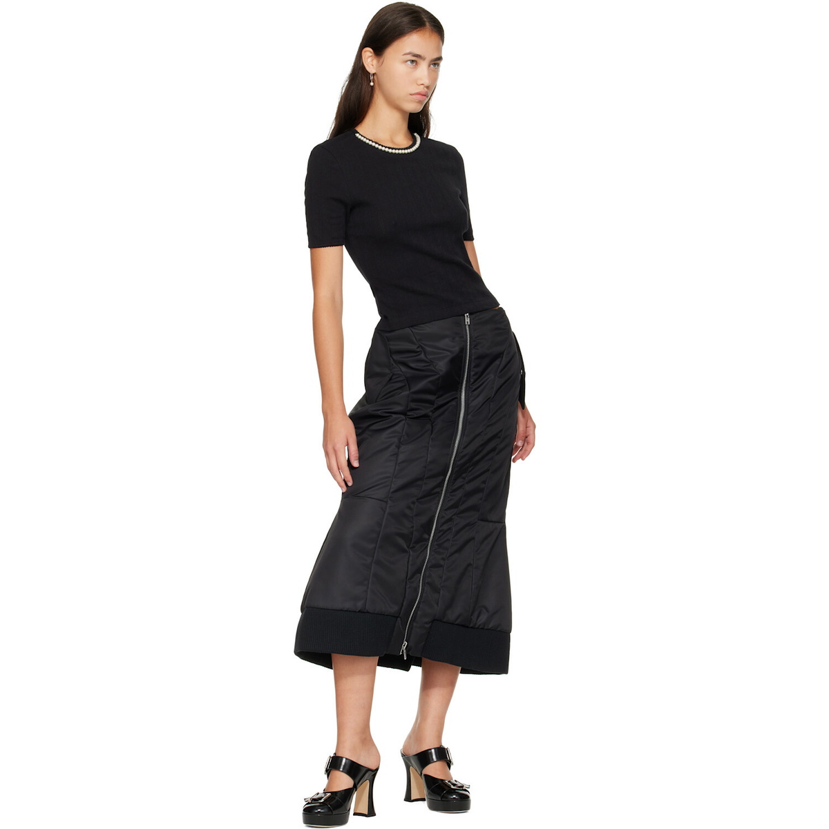Simone Rocha Black Embellished Cropped Pointelle T-shirt