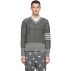 Thom Browne Grey Wool Funmix V-Neck 4-Bar Sweater