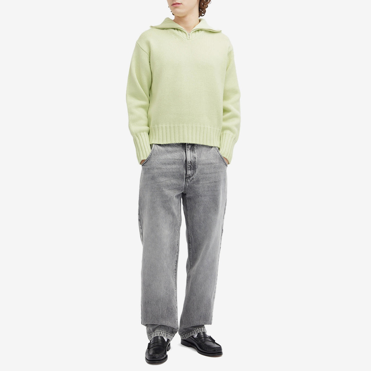 AURALEE ライトグリーン フーディ Auralee Men's Wool Soft Cord Quarter Zip Sweat in Light Lime Auralee