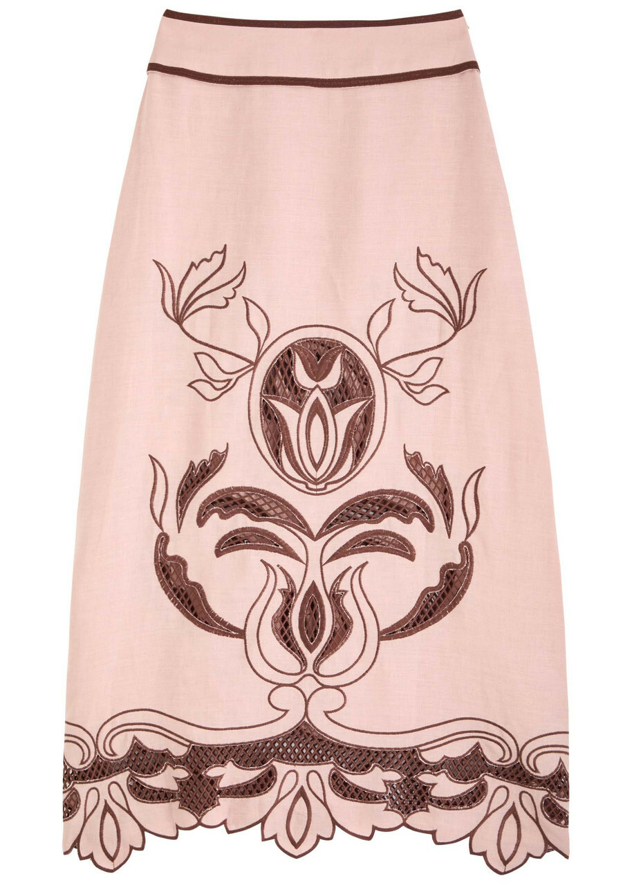 Lug Von Siga Rosalie Embroidered Linen Midi Skirt Pink