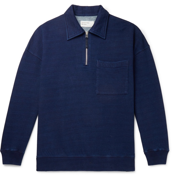 Photo: Universal Works - Indigo-Dyed Loopback Cotton-Jersey Half-Zip Sweatshirt - Blue
