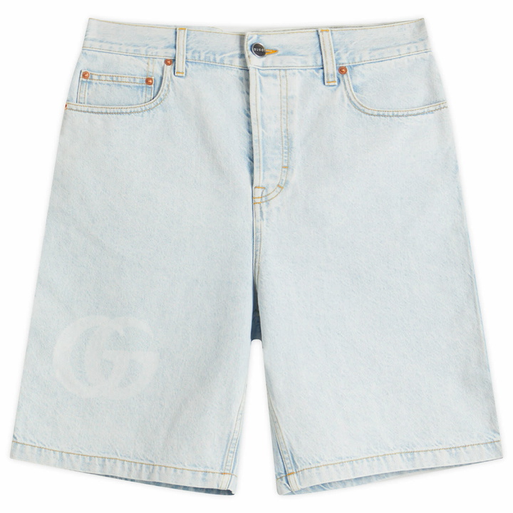 Photo: Gucci Men's Bleach Wash Denim Shorts in Light Blue/Ivory