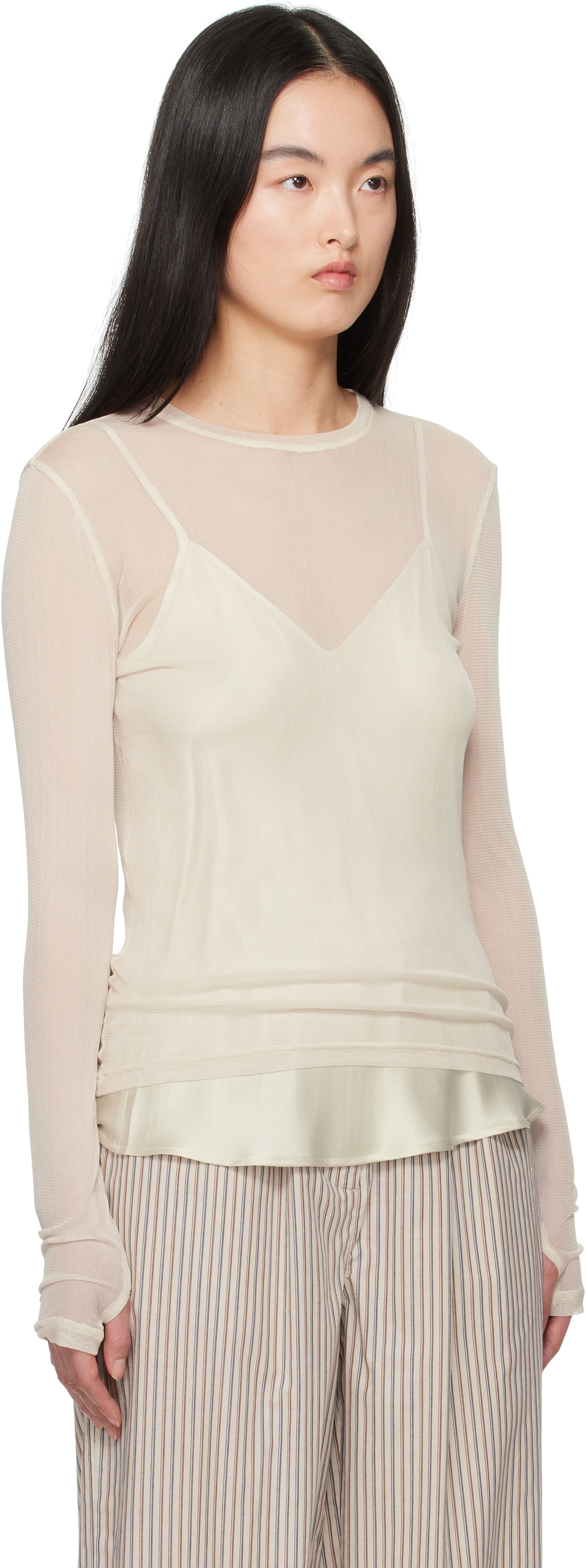 Silk Laundry Beige Mesh Long Sleeve T-shirt