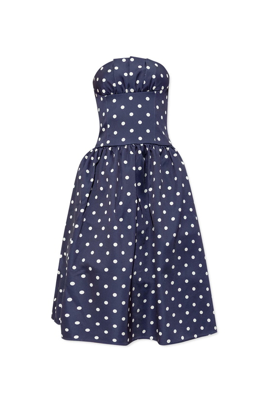 Photo: self-portrait Navy Polka Dot Satin Midi Dress
