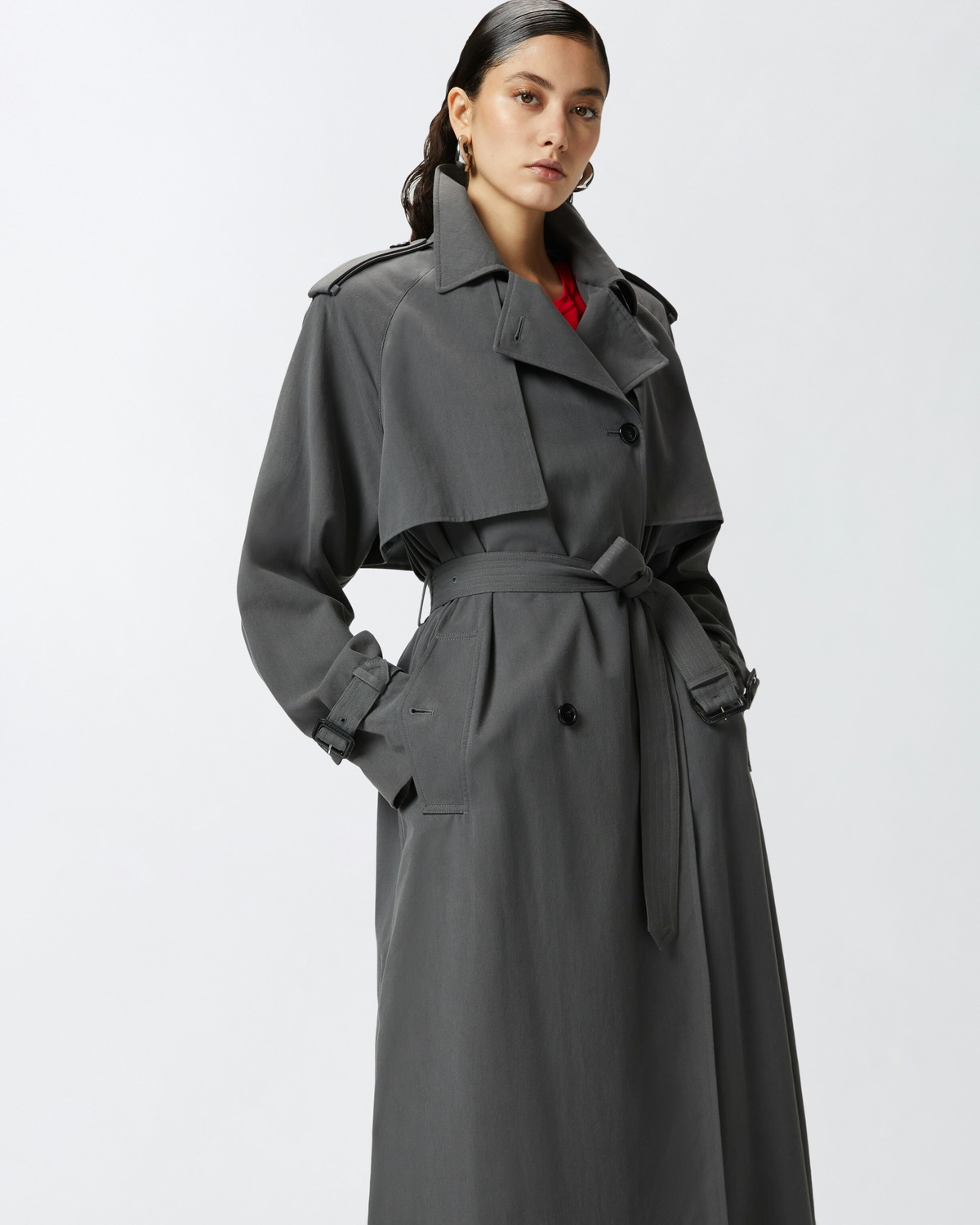 【PINKO】Classic faded cotton trench coat Pinko Classic Faded Cotton Trench Coat Shadow Grey Pinko