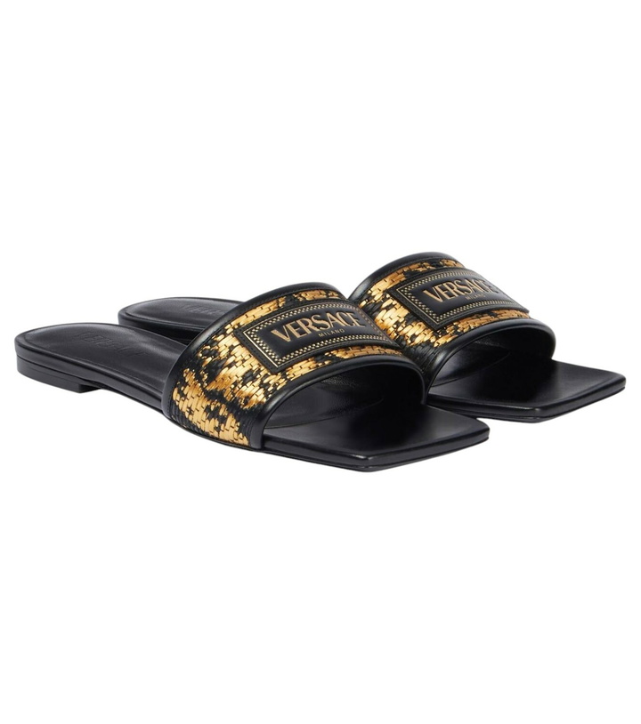 Photo: Versace Theia Barocco raffia-effect slides