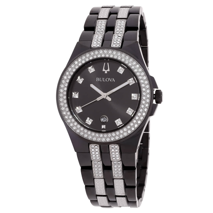Photo: Bulova Quartz Crystal Black Dial Mens Watch & Dog Tag 98K101