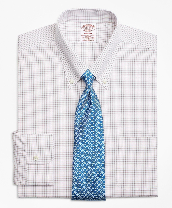 Photo: Brooks Brothers Men's Stretch Madison Relaxed-Fit Dress Shirt, Non-Iron Windowpane | Red