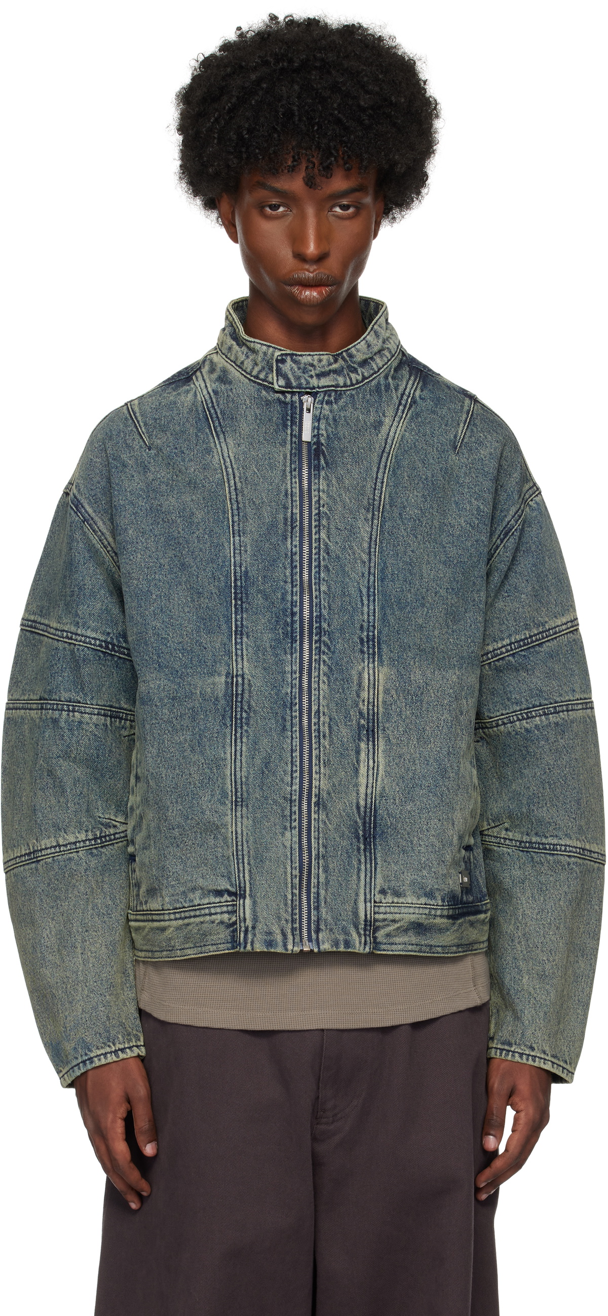 Izzue Blue Dirty Wash Zip-Up Denim Jacket
