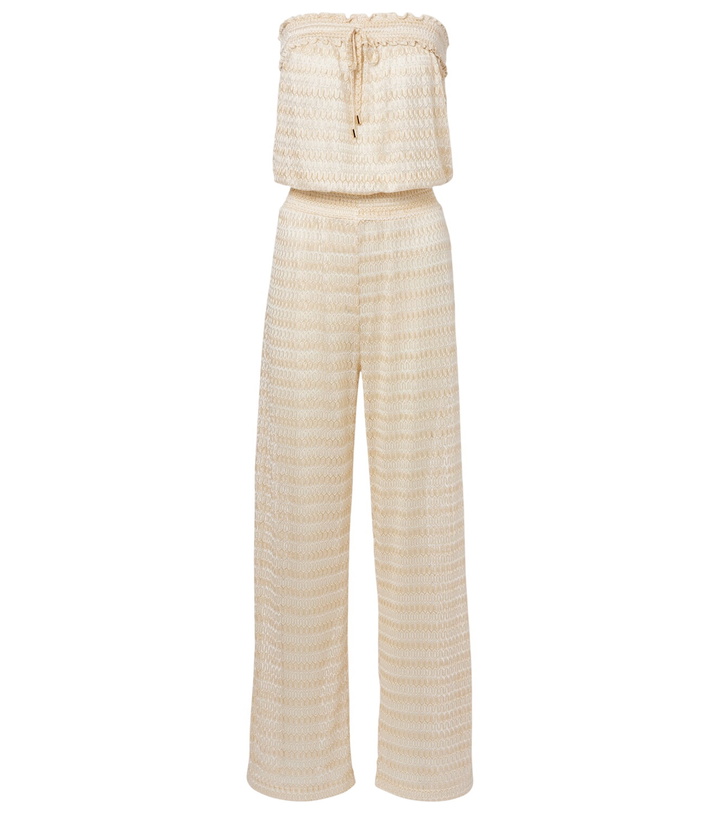 Photo: Melissa Odabash Viv knitted strapless lamé jumpsuit