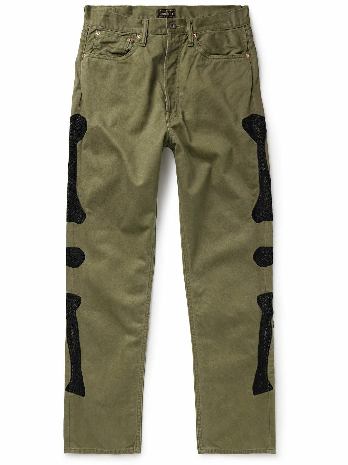 Photo: KAPITAL - Mexican Tuxedo Okagilly Slim-Fit Crochet-Trimmed Cotton-Twill Chinos - Green