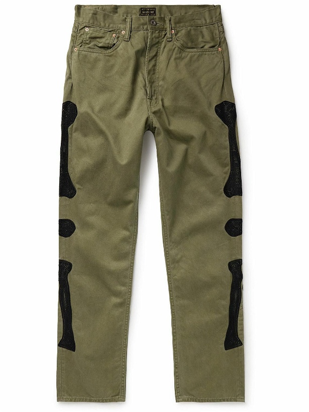 Photo: KAPITAL - Mexican Tuxedo Okagilly Slim-Fit Crochet-Trimmed Cotton-Twill Chinos - Green