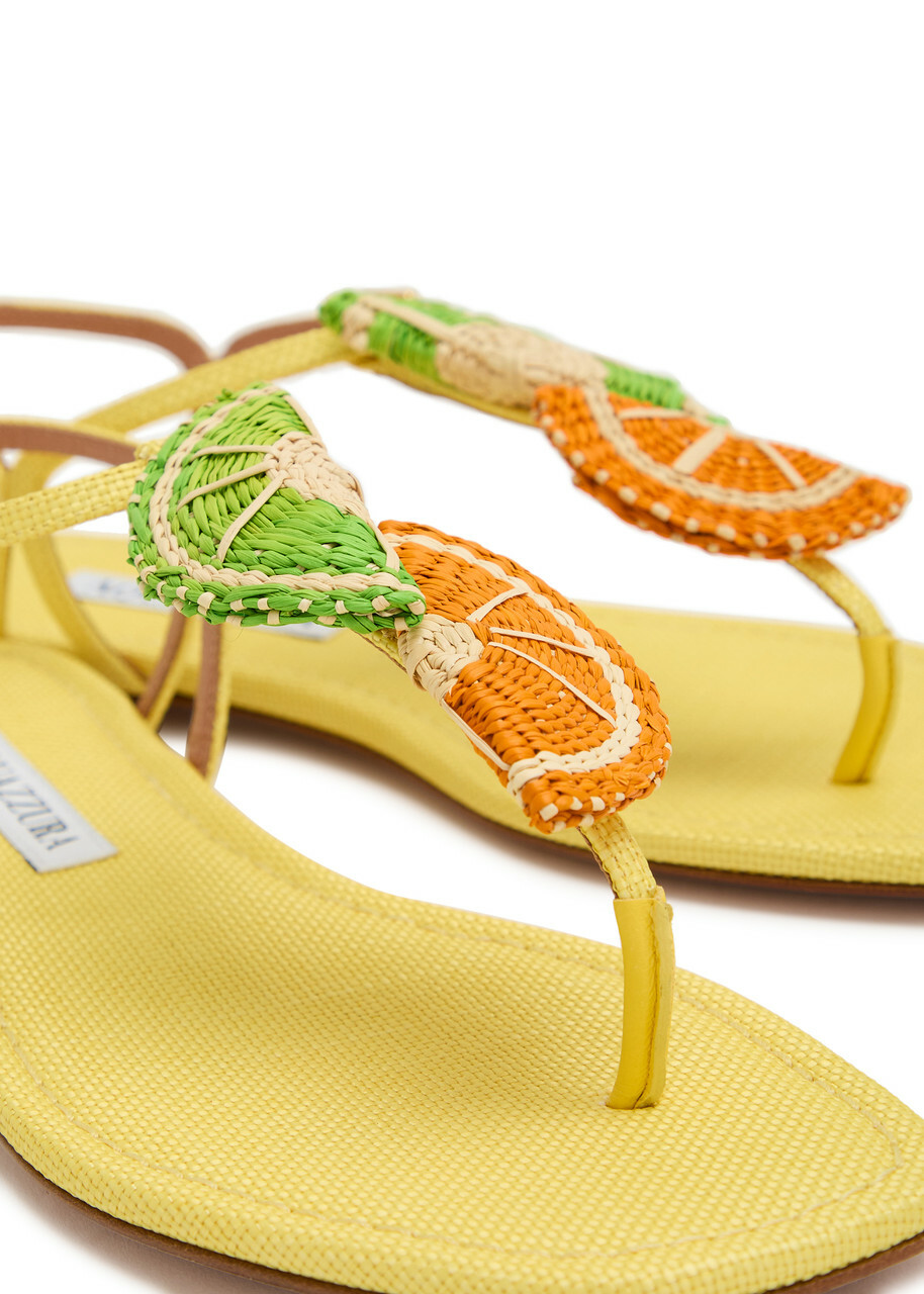 Aquazzura Citrus Sugar Appliquéd Woven Raffia Sandals Yellow
