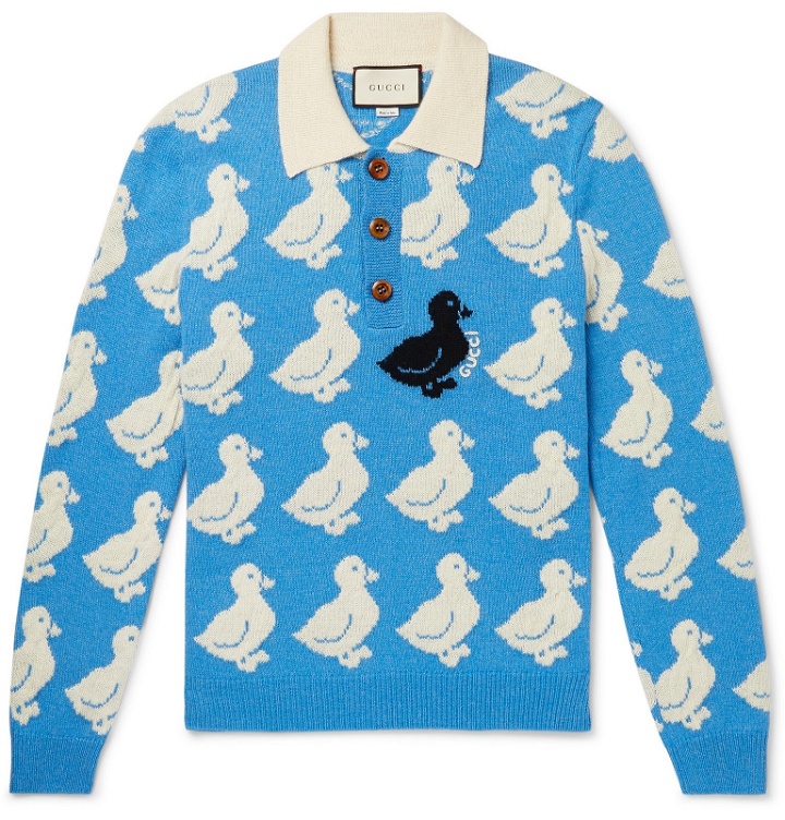 Photo: Gucci - Wool and Alpaca-Blend Jacquard Polo Shirt - Blue