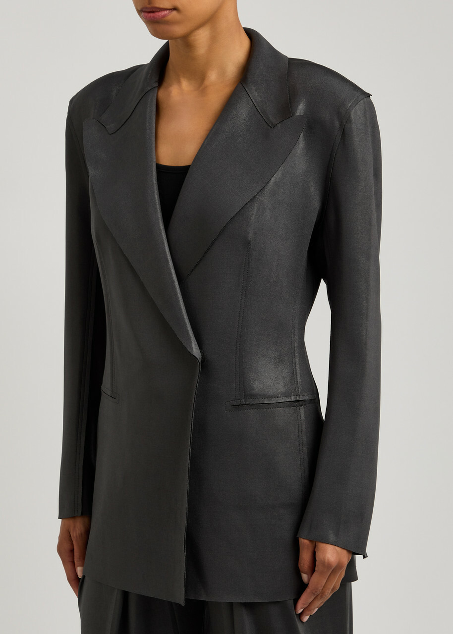 Norma Kamali Double-breasted Coated Stretch-jersey Blazer Charcoal