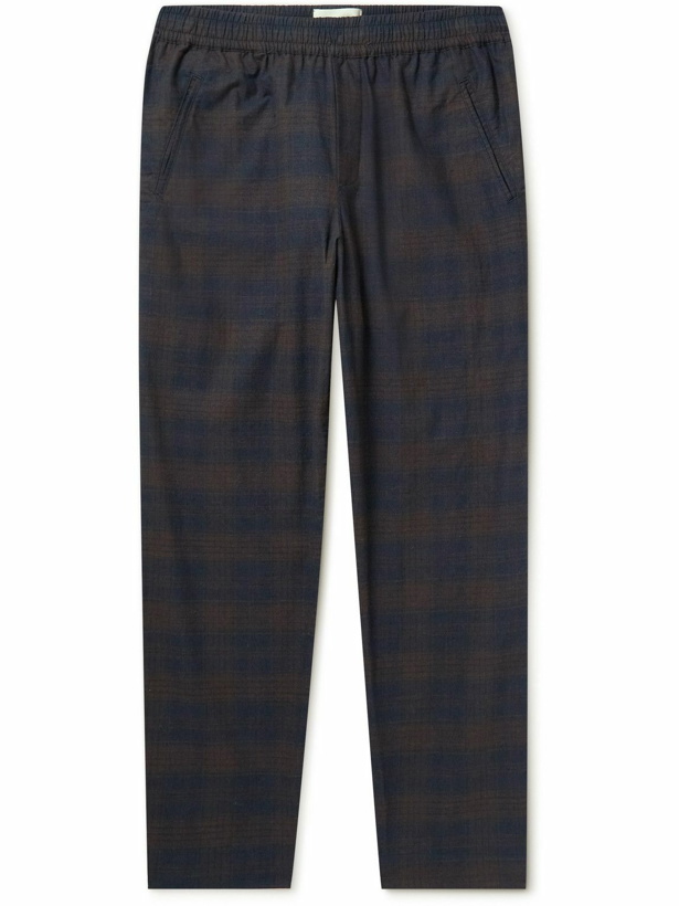 Photo: Folk - Straight-Leg Checked Cotton and Linen-Blend Drawstring Trousers - Blue