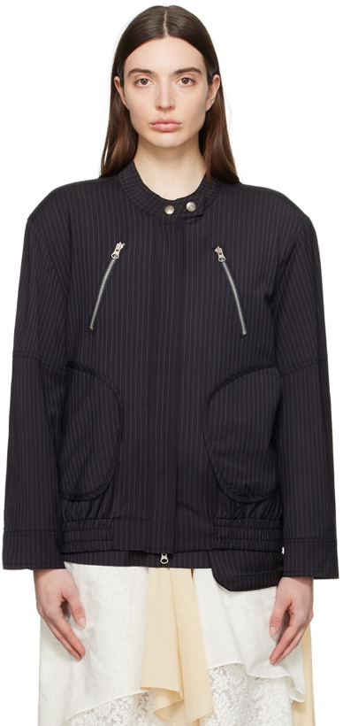 Photo: OPEN YY Black Pinstripe Bomber Jacket