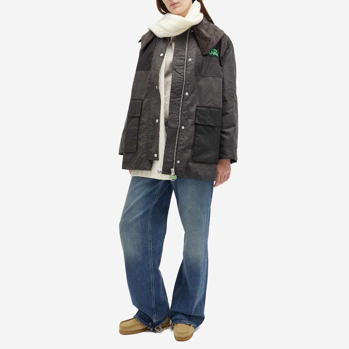 Barbour Women's x Ganni Wax Duffle Coat in Charcoal/Winter