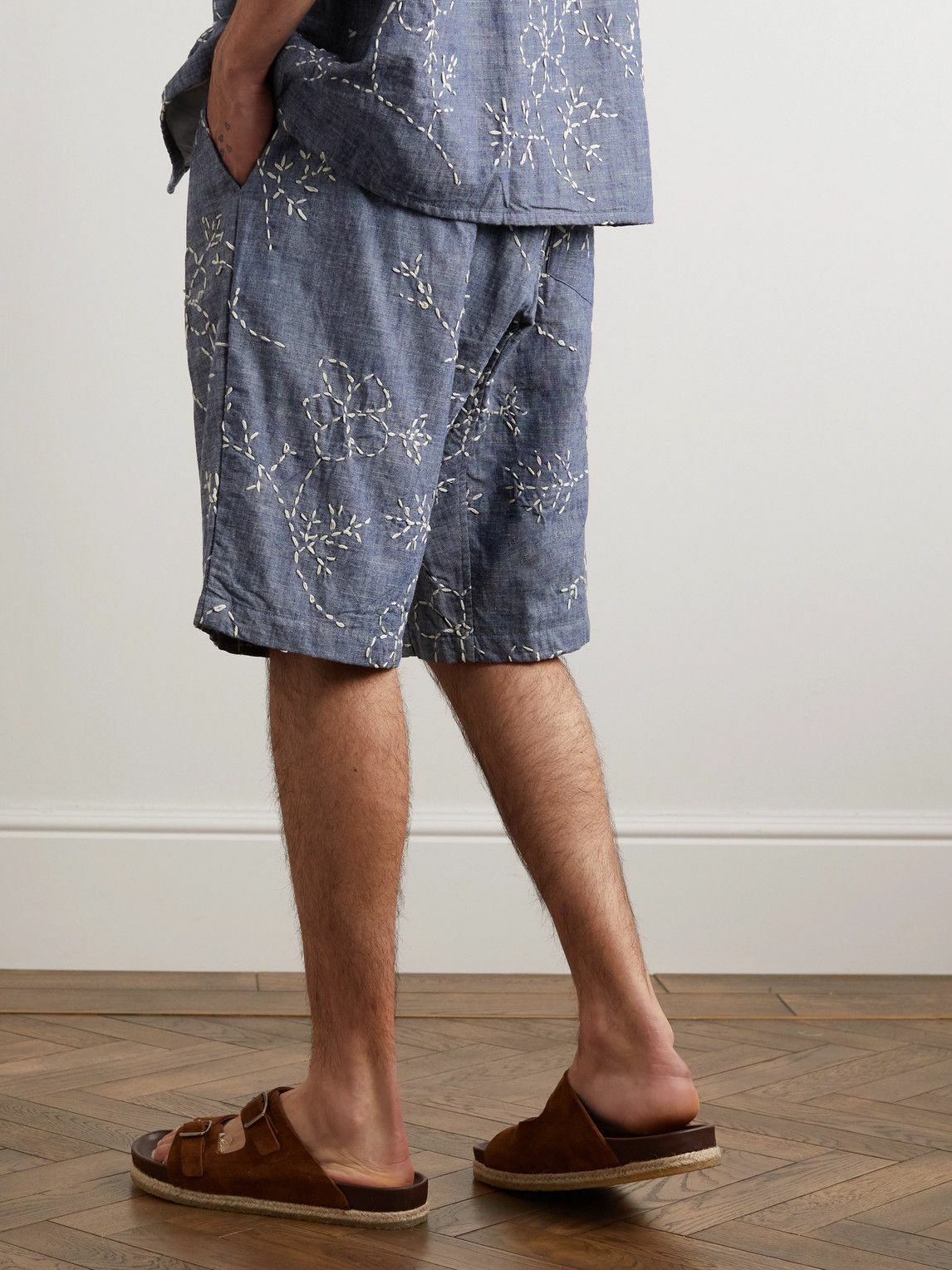 Monitaly - Straight-Leg Embroidered Cotton Drawstring Shorts - Blue