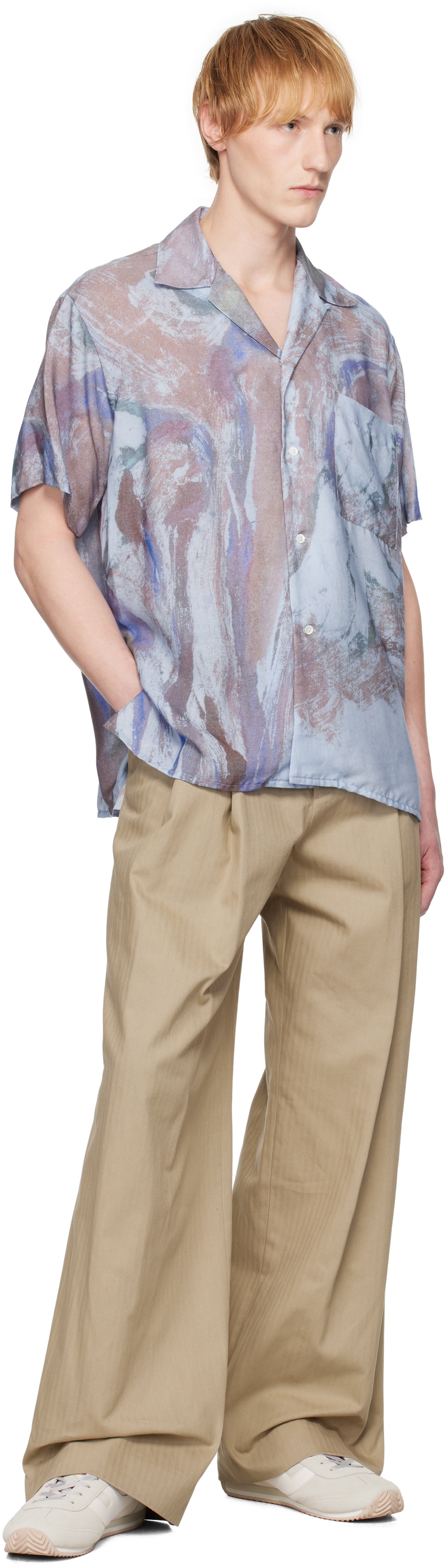 YOKE Blue Flower Printed Open Collar Shirt