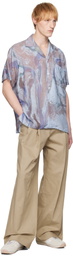 YOKE Blue Flower Printed Open Collar Shirt
