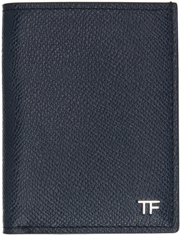 Photo: TOM FORD Navy Small Grain Leather Folding Card Holder