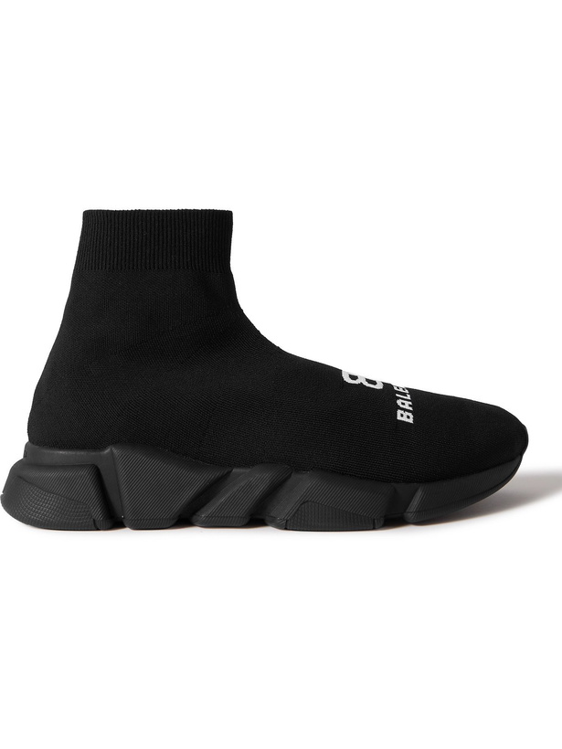 Photo: BALENCIAGA - Speed Sock Logo-Print Stretch-Knit Slip-On Sneakers - Black